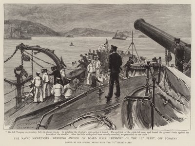 Merivoimien manööverit, ankkurin punnitseminen C-laivaston HMS Benbow -aluksella Torquayn edustalla. tekijältä Charles J. Staniland