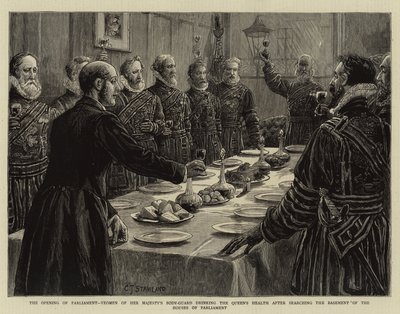 Parlamentin avajaiset, Hänen Majesteettinsa henkivartijoiden miehet juovat kuningattaren terveydeksi sen jälkeen, kun he ovat tutkineet parlamenttitalon kellarin. tekijältä Charles J. Staniland