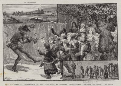 Pied Piperin 100-vuotisjuhla Hamelinissa Hannoverissa, lapset piperiä seuraamassa tekijältä Charles J. Staniland