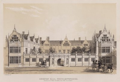 Rushton Hall, Northamptonshire, pystytti Sir Thomas Tresham, Elizabethin aikana (väri litho) tekijältä Charles James Richardson