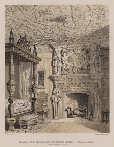 Pieni sänkykammio, Stockton House, Wiltshire, Henry Biggsin istuin (väri litho) tekijältä Charles James Richardson