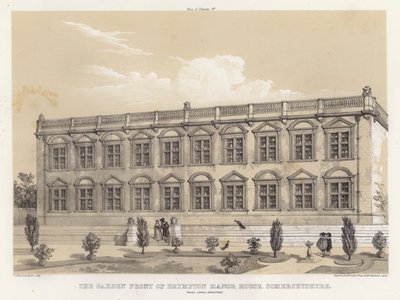 Brympton Manor Housen puutarha edessä, Somersetshire, Inigo Jones, arkkitehti (väri litho) tekijältä Charles James Richardson