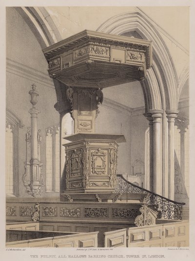 Saarnatuoli, All Hallows Barking Church, Tower Street, Lontoo (värilitho) tekijältä Charles James Richardson