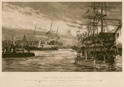 Kuningatar Victorian hautajaiset. Royal Yacht Alberta, joka kantoi kuningattaren ruumista, saapuu Portsmouthin satamaan auringonlaskun aikaan tekijältä Charles John de (after) Lacy