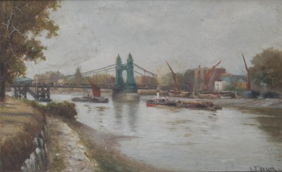 Hammersmith Bridge - nykyinen - vuodelta 1887 - katsottuna Surreyn rannalta tekijältä Charles John de Lacy