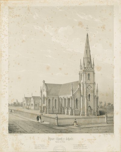 Burton-upon-Trent - Kristuksen kirkko ja koulut: kaiverrus, nd [1789-1850] (painettu) tekijältä Charles Joseph Hullmandel