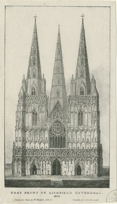 Lichfield Cathedral - West Front: kaiverrus, 1819 tekijältä Charles Joseph Hullmandel