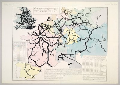Kuvannollinen ja likimääräinen kartta matkustajien liikkeestä Euroopan päärautateillä vuosina 1862, 1865 tekijältä Charles Joseph Minard