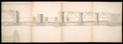 Suunnitelmat Thames-joella Lontoossa sijaitsevasta sillasta, BL Maps C.49.e.76 tekijältä Charles Labelye
