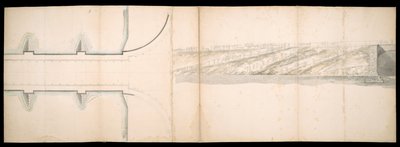 Suunnitelmat Thames-joella Lontoossa sijaitsevasta sillasta, BL Maps C.49.e.76 tekijältä Charles Labelye