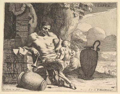 Ilta: istuva satyyri puristaa lastaan, hahmo ripustaa seppeleen laiturille, f..., n. 1640. tekijältä Charles Le Brun