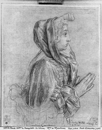 Puolipitkä profiili naisesta kädet ristissä, Madame de Maintenon (pierre noire und liitu ruskealla paperilla) tekijältä Charles Le Brun