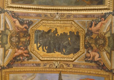 Ihmisten auttaminen nälänhädän aikana 1662, kattomaalaus Galerie des Glacesista tekijältä Charles Le Brun