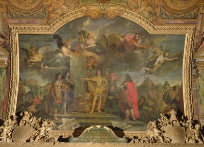 Kuningas Ludvig XIV (1638-1715) antaa käskyn hyökätä samanaikaisesti neljää Alankomaiden vahvinta asemaa vastaan vuonna 1672, Galerie des Glacesin kattomaalaus tekijältä Charles Le Brun