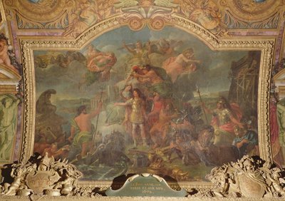 Kuningas Ludvig XIV (1638-1715) ottaa aseita maalla ja merellä vuonna 1672, kattomaalaus Galerie des Glacesista tekijältä Charles Le Brun