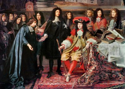 Ludvig XIV perustaa tiedeakatemian ... tekijältä Charles Le Brun