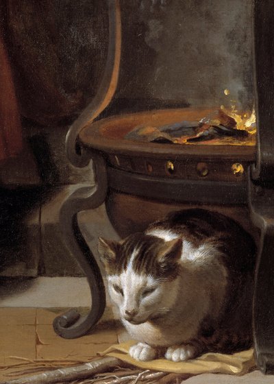 Jeesuksen lapsen uni -yksityiskohta, joka kuvaa kissaa nukkumassa lieden alla. Charles Lebrunin (Le Brun) (1619-1690) maalaus 1655 Su. 0,87x1,18 m tekijältä Charles Le Brun