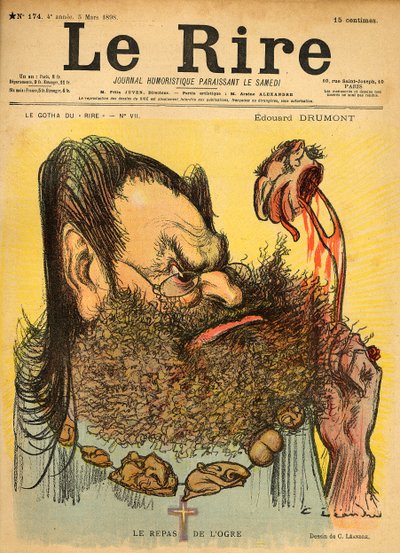 Karikatyyri Edouard Drumontista, Le Riren etukannessa, 5. maaliskuuta 1898 tekijältä Charles Leandre