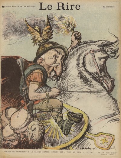 Karikatyyri Ranskan pääministeristä Emile Combesista Attila Hunina. Kuvitus Le Rirelle tekijältä Charles Leandre