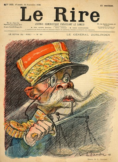Kenraali Zurlindenin karikatyyri, Le Riren etukannessa, 24. syyskuuta 1898 (värilitho) tekijältä Charles Leandre