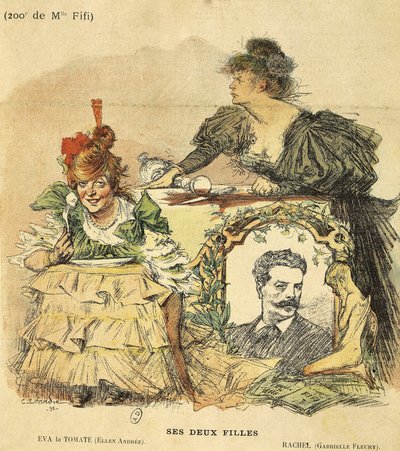 Sarjakuva Mademoiselle Fifin kahdessasadassa esityksessä Guy de Maupassantin (1850-1893) romaanista (kuva) tekijältä Charles Leandre