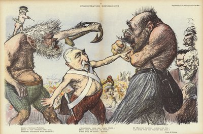 Emile Combes yrittää pitää Camille Pelletanin ja Maurice Rouvierin erillään, kuvitus Le Rirelle tekijältä Charles Leandre