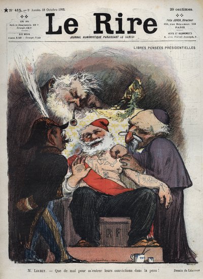 Emile Loubet - Ilmaiset presidentin eläkkeet - herra Loubet - On vaikea saada heidän vakaumustaan iholleni! - (Charles Leandre (1862-1934) pilkkaa valtiota, kirkkoa ja armeijaa presidentti LOUBETin sängyn vieressä, peitettynä makonisilla ja muilla kylteill tekijältä Charles Leandre
