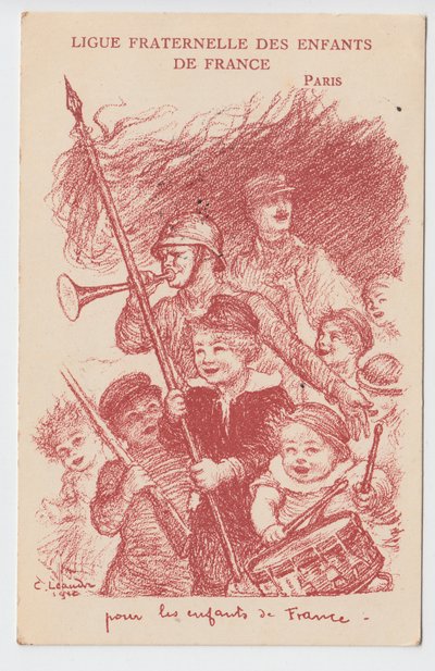 Postikortti, satiirinen väreissä: Ranskan lasten veljesliitto - 14-18 -vuotissota, Lapsuus, Isänmaalliset päivät Kuvitus Charles Leandre (1862-1934) tekijältä Charles Leandre