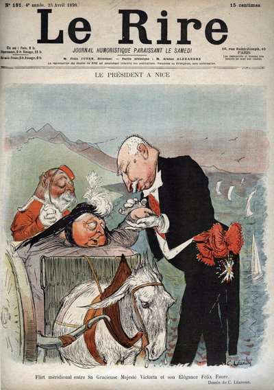 Presidentti Nizzassa - Ranskan presidentti Felix Faure tapasi kuningatar Victorian Nizzassa - Charles Leandren (1862-1934) sarjakuva "" Le Rire" -tapahtumassa 23. huhtikuuta 1898 tekijältä Charles Leandre