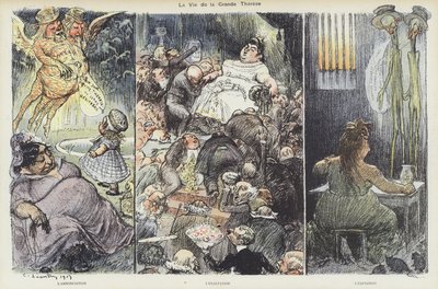 Huijari Therese Humbertin elämä. Le Rire -lehden kuvitus tekijältä Charles Leandre