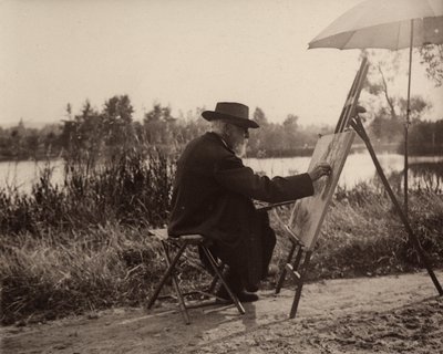 Taidemaalari Lhermitte Léon (1844-1925) työskennellessään Marnen sivurannalla, lähellä omaisuuttaan, noin 1914-1915, Ranska tekijältä Charles Lhermitte