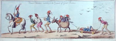 Ranskalaiset vapaaehtoiset marssivat Ison-Britannian valloitukseen, James Gillrayn (1757-1815) etsaus, jonka julkaisi Hannah Humphrey vuonna 1803 (käsin väritetty etsaus). tekijältä Charles Lorraine (after) Smith