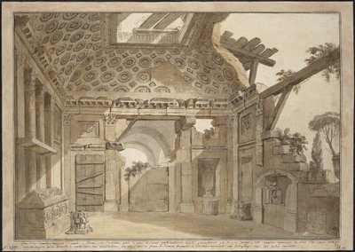 Suunnittelu maalauksille isä Lesueurin sellissä Santissima Trinita dei Montin luostarissa Roomassa - Charles Louis Clerisseau (1722-1820). Kynä, sivellin, harmaa ja ruskea muste, valkoinen väri paperille, n. 1760. Mitat : 36,9x53 cm. Valtion Eremitaaši, tekijältä Charles Louis Clerisseau