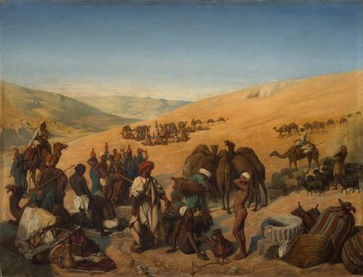 Karavaanien pysähtyminen Saba Beersheban kaivoilla Hebronin eteläpuolella olevassa autiomaassa, 1850. tekijältä Charles Louis Fredy de Coubertin