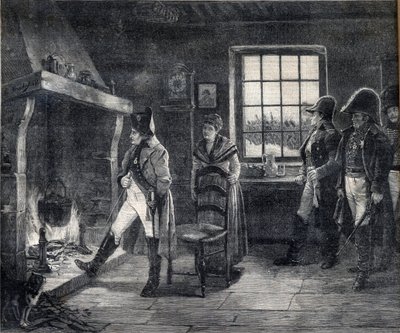 Keisari Napoleon I lämmittää itseään puutakalla lumimaisemassa - Napoleon Waterloon taistelun jälkeen vuonna 1814 - kaiverrus Charles Louis (Charles-Louis) Kratken (1848-1921) maalauksen jälkeen tekijältä Charles Louis Kratke
