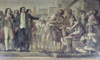 Philippe Pinel 1745-1826 vapauttaa mielisairaita kahleistaan Bicetren mielisairaalassa Pariisissa vuonna 1793, noin 1840-50 öljy kankaalle yksityiskohta kuvasta 163956. tekijältä Charles Louis Lucien Muller