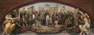 Louvren Denon-paviljongin luonnos: Les quatre âges artistiques de la France - Présentation des plans à Napoléon, n. 1864 (öljy kankaalle). tekijältä Charles Louis Lucien Muller