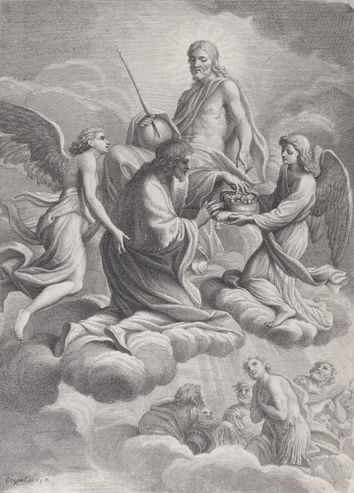 Pyhä Ludvig Ranskalainen vastaanotti taivaaseen Kristuksen ja kahden enkelin kautta, jotka tarjoavat hänelle n..., 1671-80. tekijältä Charles Louis Simonneau