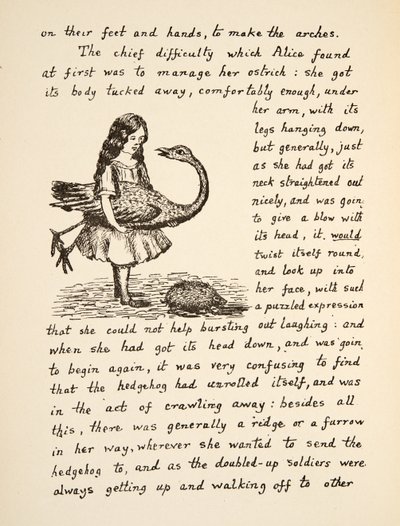 Alice pitelee strutsiaan, kuvitus Alices Adventures Under Groundista, pub. 1886 (faksimile) tekijältä Charles Lutwidge Dodgson