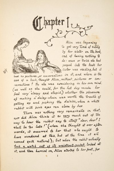 Alice sisarensa kanssa, kuvitus Alices Adventures Under Groundista, pub. 1886 (faksimile) tekijältä Charles Lutwidge Dodgson