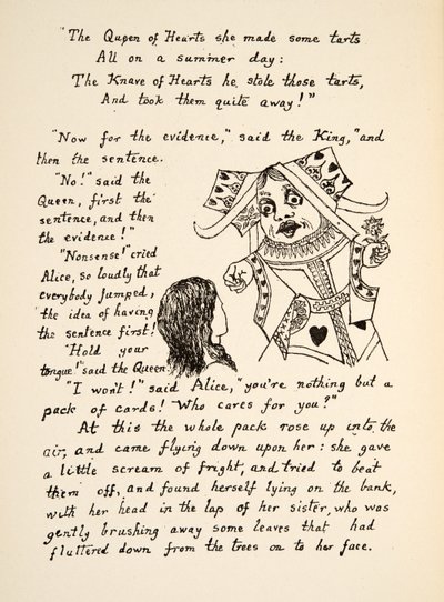 Punainen kuningatar sanoo: Pidä kielesi kiinni Liisalle, kuvitus teoksesta Alices Adventures Under Ground, pub. 1886 (faksimile) tekijältä Charles Lutwidge Dodgson