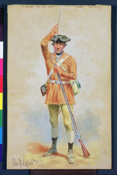 Amerikan vallankumouksen univormut: 1777 Georgian 1. mannerjalkaväen yksityinen kenttäpuku (guassi ja wc paperilla) tekijältä Charles MacKubin Lefferts