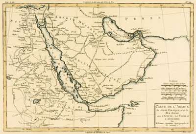 Arabia, Persianlahti ja Punainenmeri, Egypti, Nubia ja Abessinia, Guillaume Raynalin (1713-96) teoksesta Atlas de Toutes les Parties Connues du Globe Terrestre, Geneve, 1780 (värillinen) tekijältä Charles Marie Rigobert Bonne