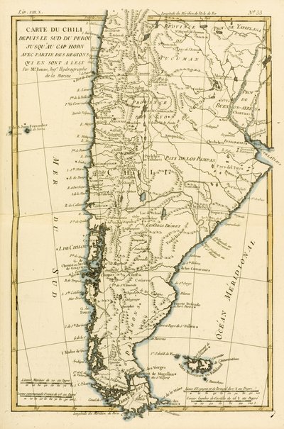 Chile, Perun eteläosasta Cape Horniin, Guillaume Raynalin (1713-96) Atlas de Toutes les Parties Connues du Globe Terrestren teoksesta Geneve, 1780 tekijältä Charles Marie Rigobert Bonne
