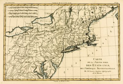 Koillis-Amerikan rannikko, Guillaume Raynal (1713-96) teoksesta Atlas de Toutes les Parties Connues du Globe Terrestre, julkaistu J L Pellet, Geneve, 1780 tekijältä Charles Marie Rigobert Bonne