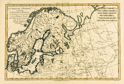 Pohjois-Eurooppa, mukaan lukien Tanska, Norja, Ruotsi ja Lappi, sekä suurin osa Länsi-Venäjästä, Guillaume Raynalin (1713-96) Genevessä julkaisemasta Atlas de Toutes les Parties Connues du Globe Terrestrestä, tekijältä Charles Marie Rigobert Bonne