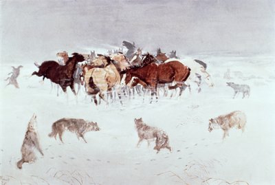 "Flying Hooves" (akvarelli paperille) tekijältä Charles Marion Russell