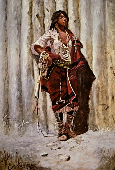 Indian Maid at the Stockade (öljy kankaalle) tekijältä Charles Marion Russell