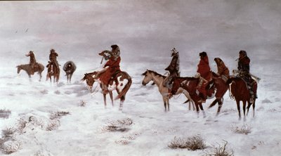 "Lost in a Snow Storm - We Are Friends" 1888 (öljy kankaalle) tekijältä Charles Marion Russell