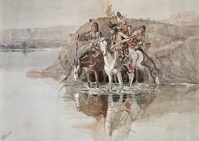 Native American "War Party" (akvarelli paperille) tekijältä Charles Marion Russell